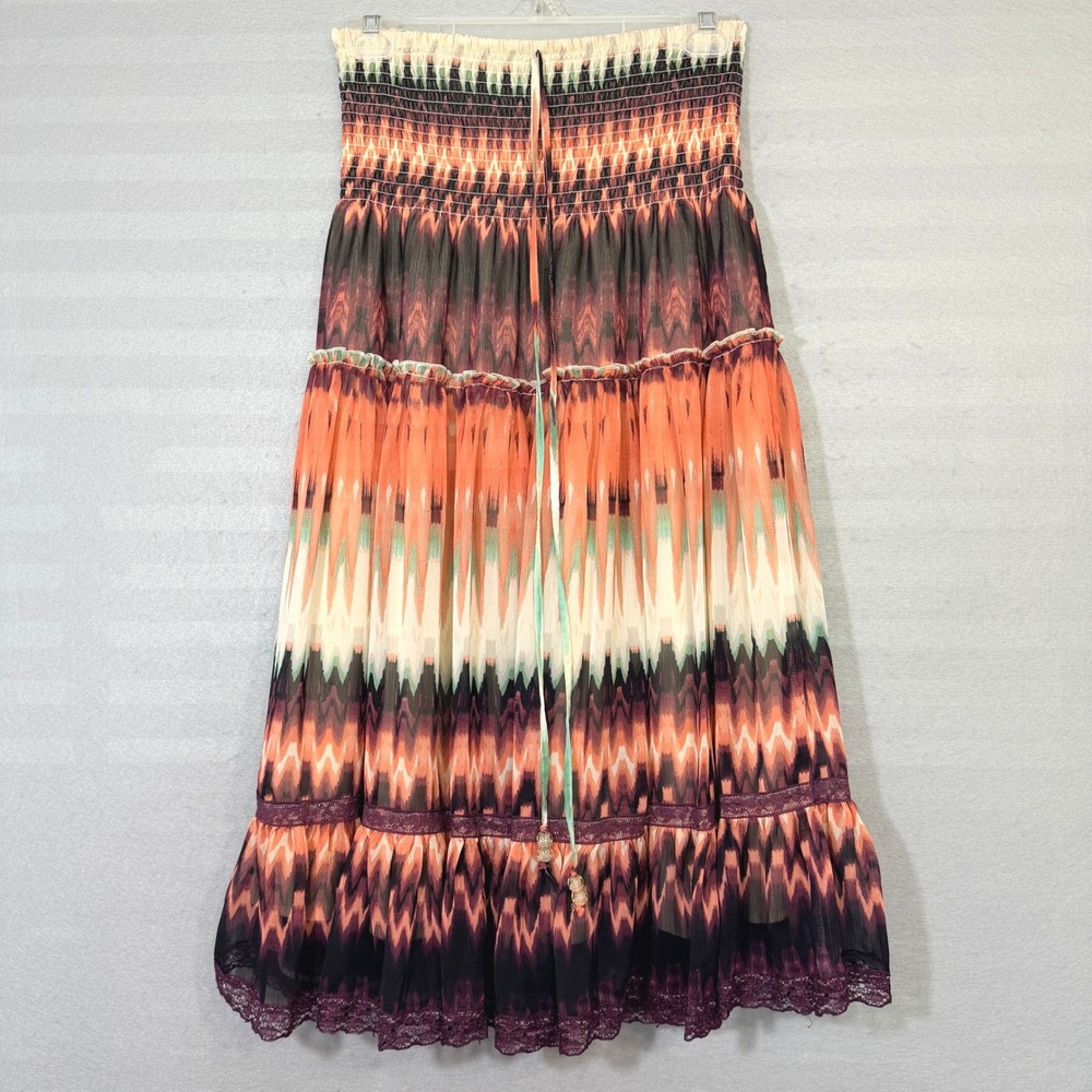 Lapis Women's Boho Midi Skirt Size M Peasant Festival Tiered Smocked Waist Flowy
